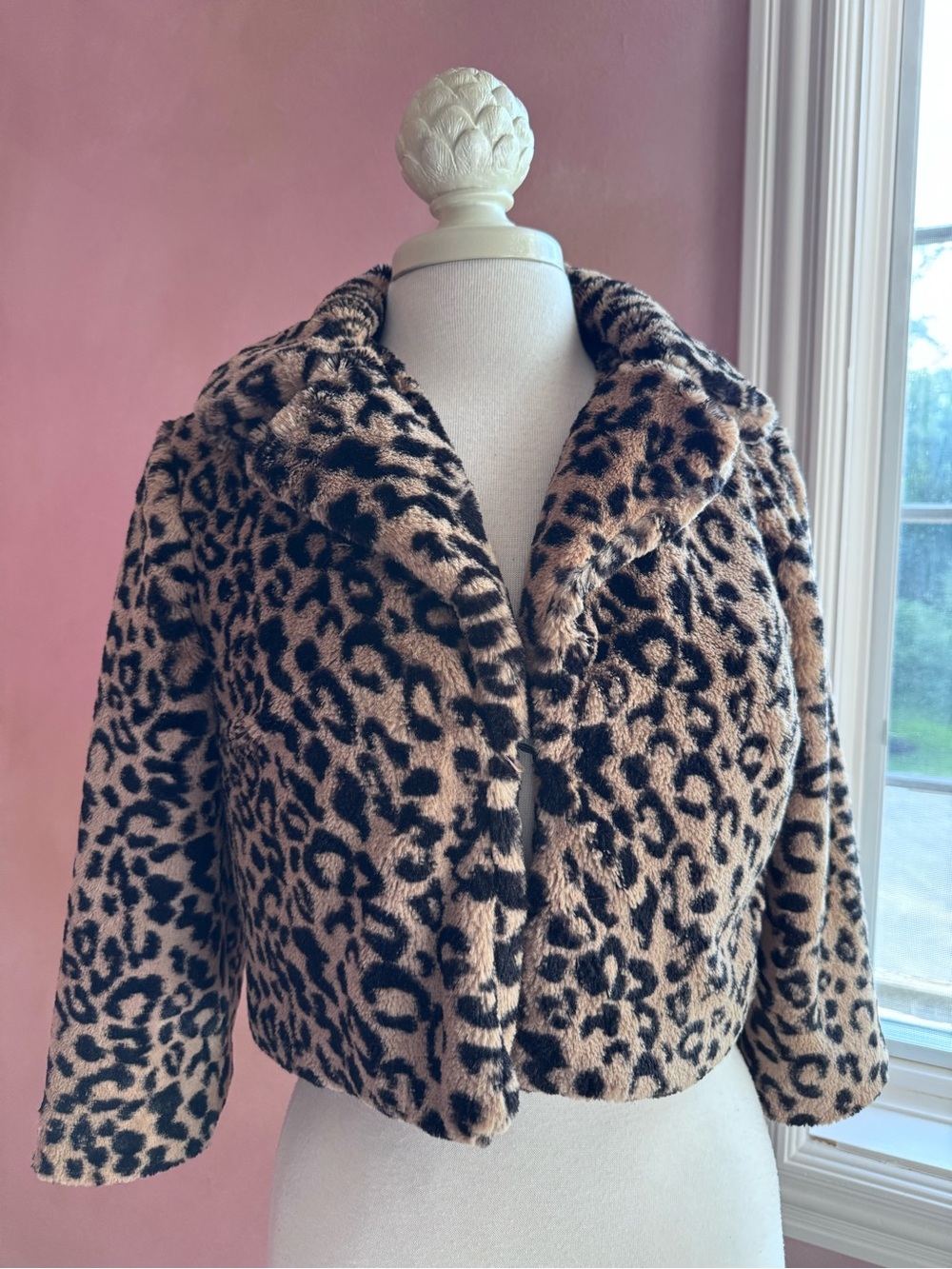 Cabi Cropped Faux Fur Leopard Jacket